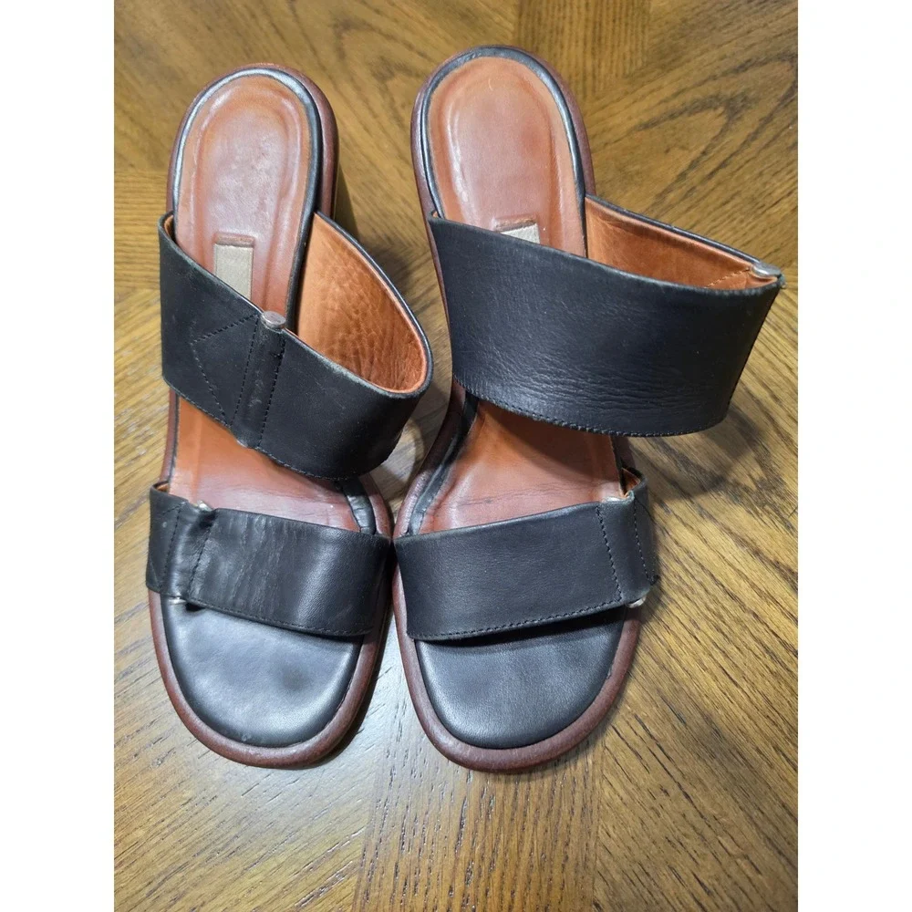 Miista London Black Leather Two Strap Block Heel Slide Sandals Size 38 Spain